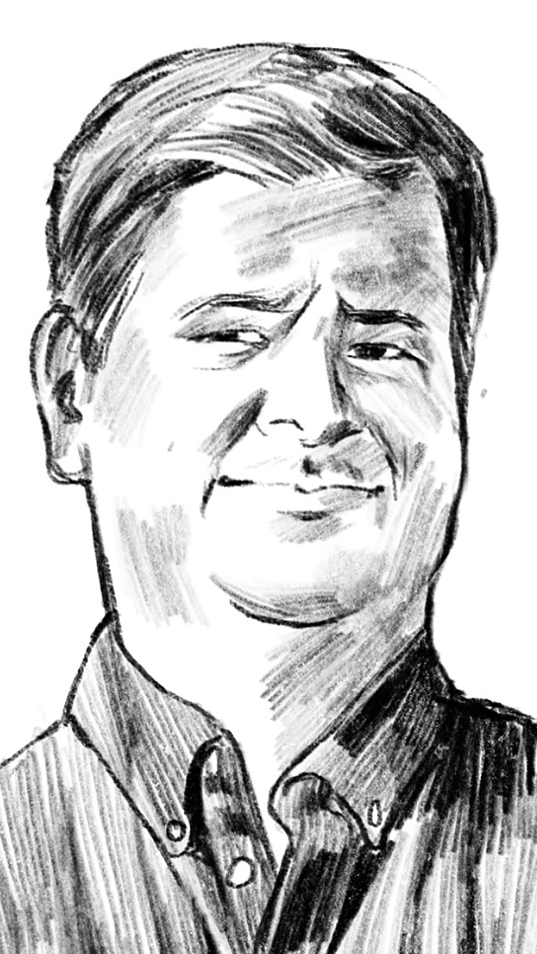 A pencil shading drawing-style illustration shows Pat Kreitlow posing for a portrait.