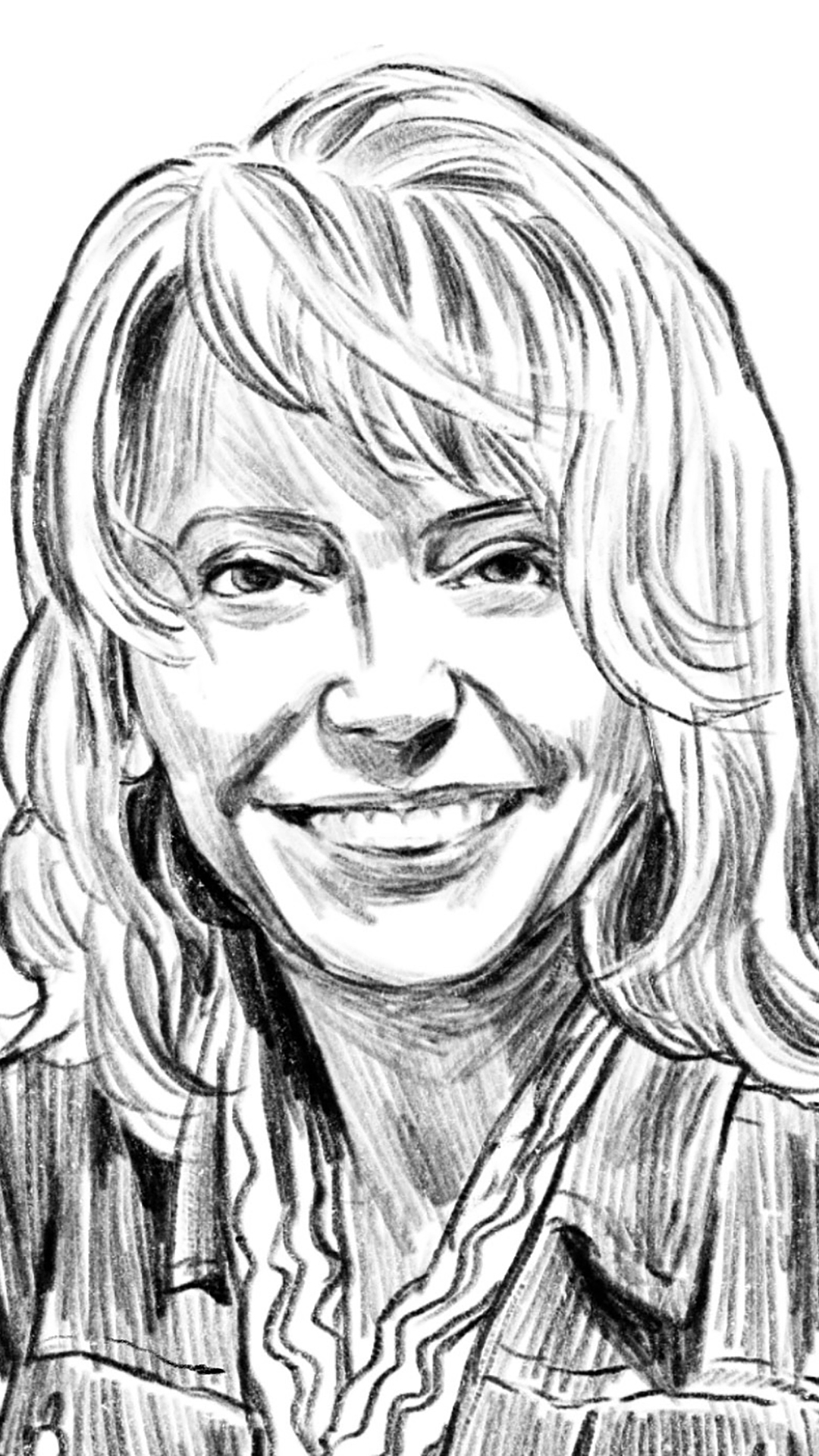 A pencil shading drawing-style illustration shows Vicki McKenna posing for a portrait.