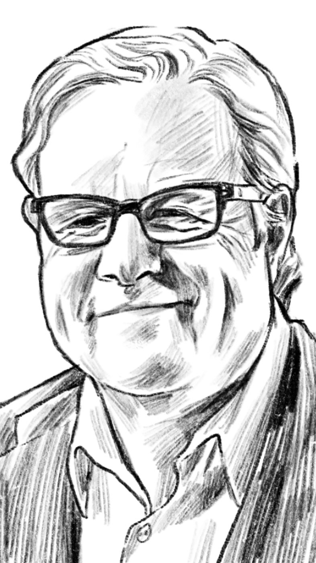 A pencil shading drawing-style illustration shows Steve Scaffidi posing for a portrait.