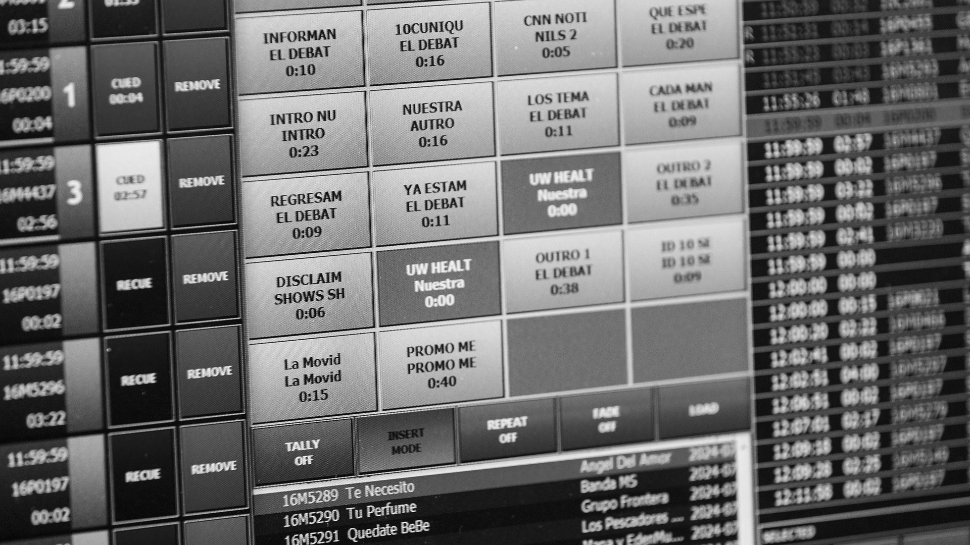 A computer screen shows matrix presentation of promo titles and a list of song titles with time markers.