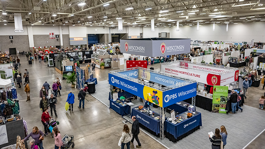 Aerial view of floor at 2024 Garden and Landscape Expo held at Alliant Energy Center Exhibit Hall.