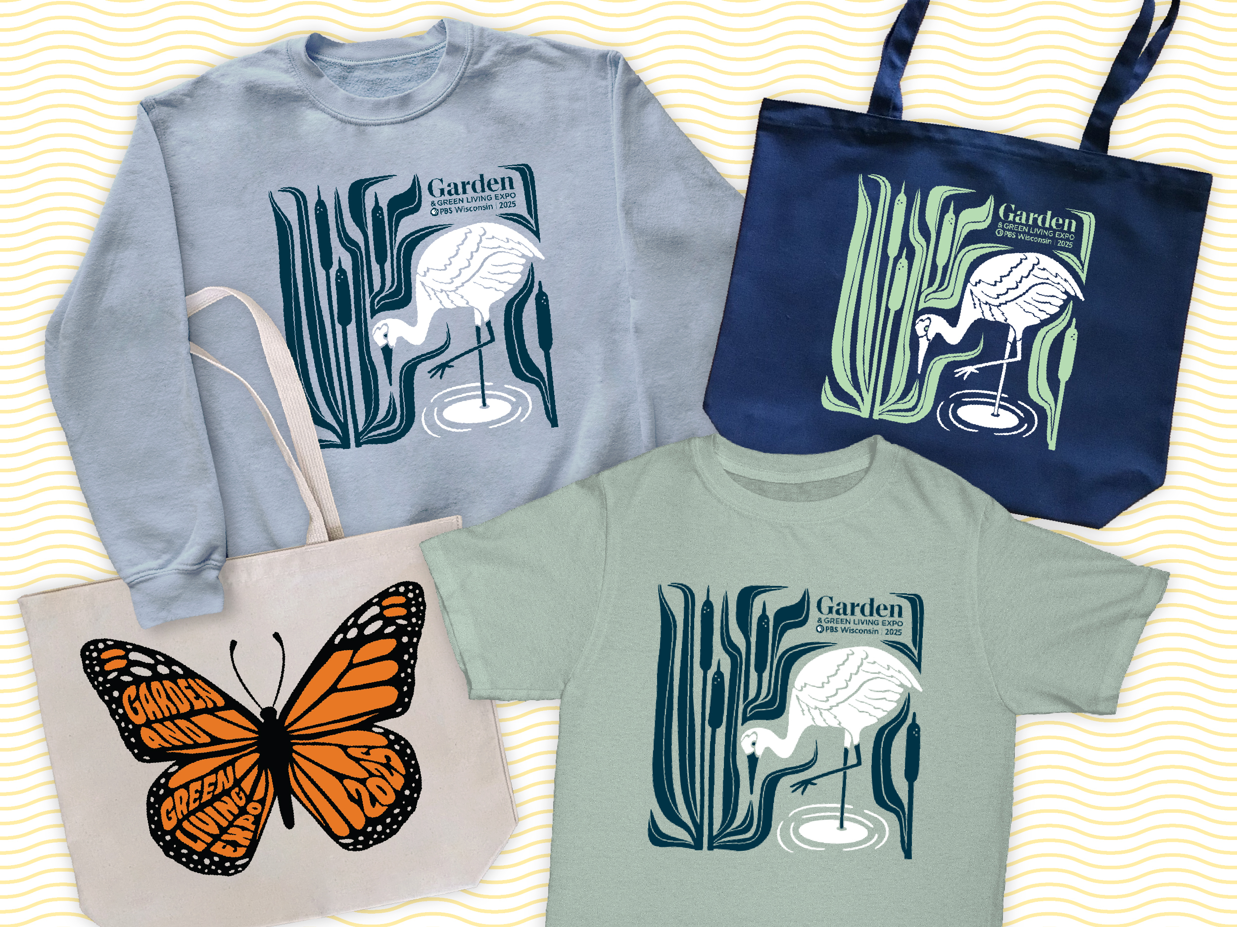 Collage of sweatshirt, tote bags and t-shirts that will be sold as merchandise at the 2025 Garden and Green Living Expo laid out against an off-white background with wavy yellow lines.