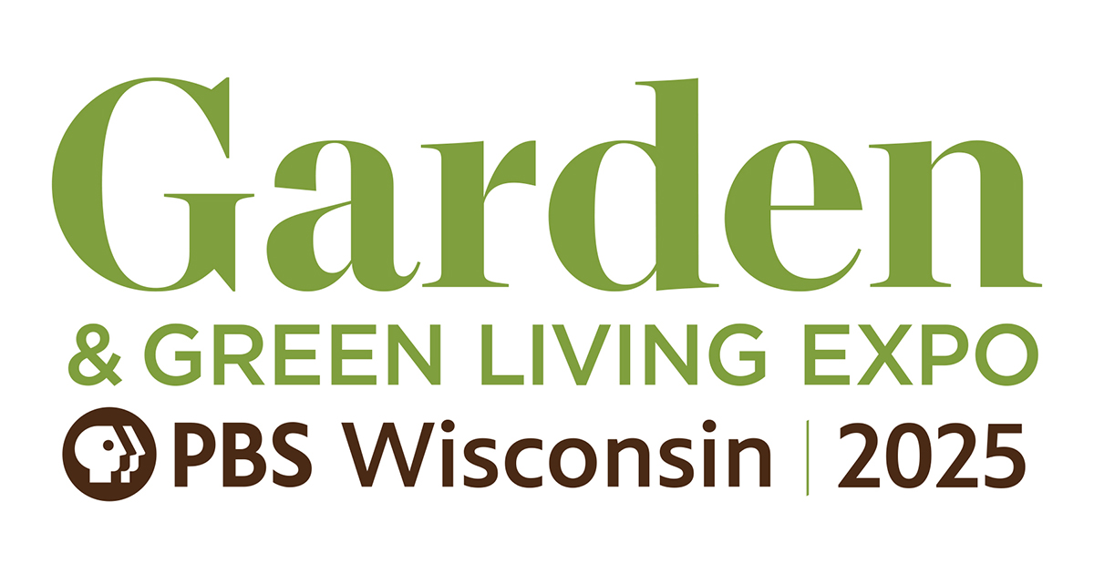 Logo for PBS Wisconsin Garden & Green Living Expo with Garden & Green Living to be used on Facebook with text written in green on top with PBS Wisconsin logo and 2025 written in brown font at the bottom.