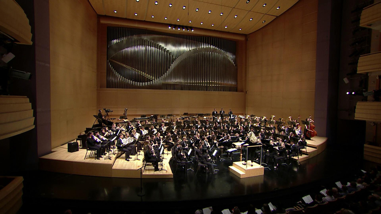 An orchestra performs in a formal musical hall.