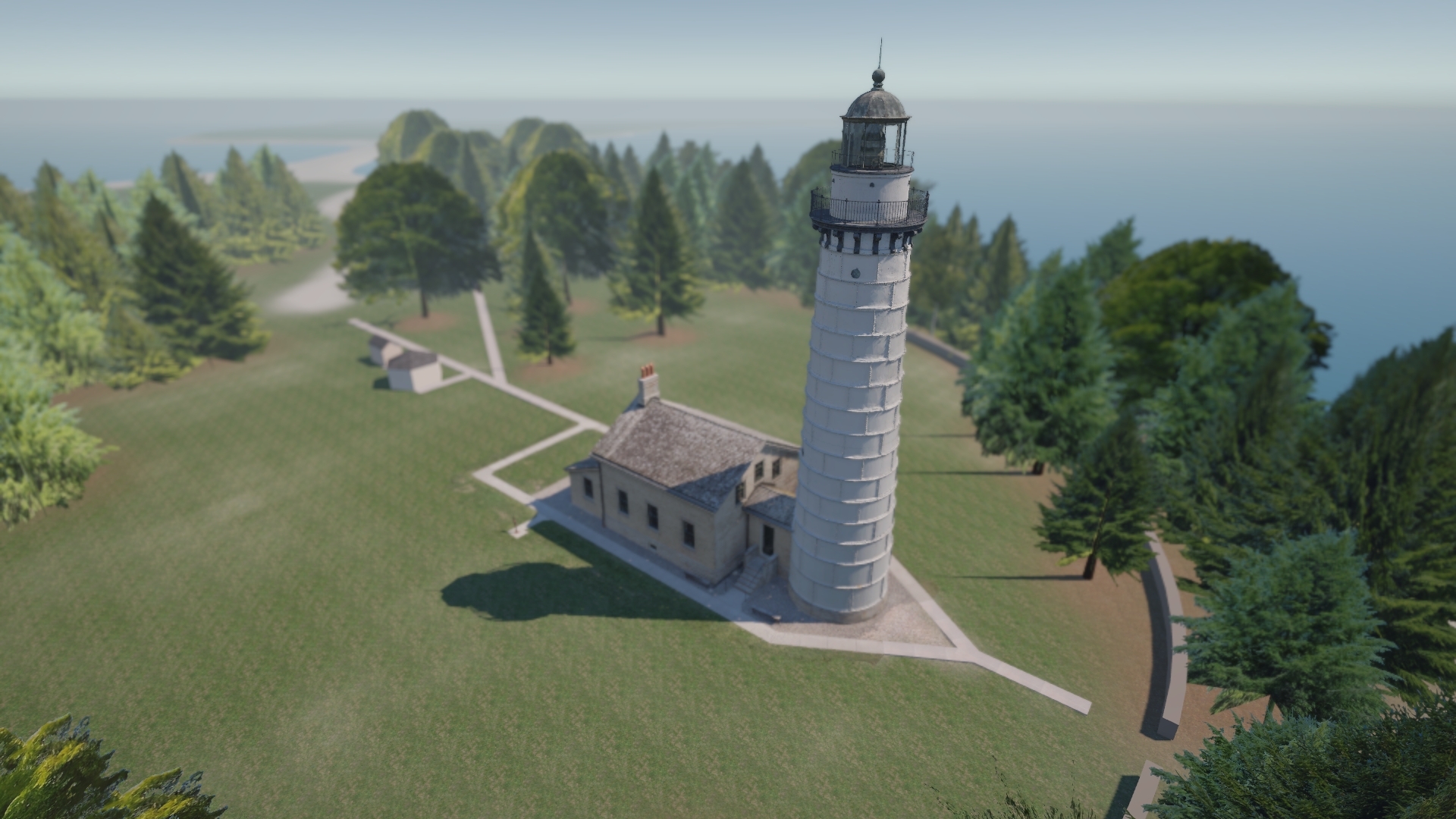 Rendering of an aerial view of the Cana Island Lighthouse from the Illuminating Cana Island interactive experience.