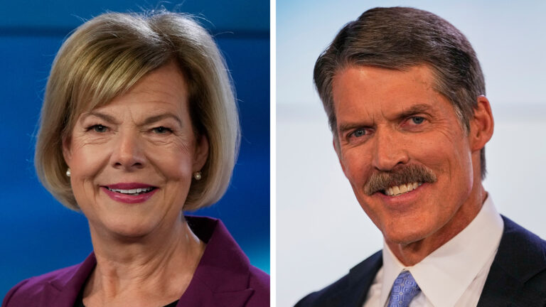 Two side-by-side photos show Tammy Baldwin and Eric Hovde posing for portraits.