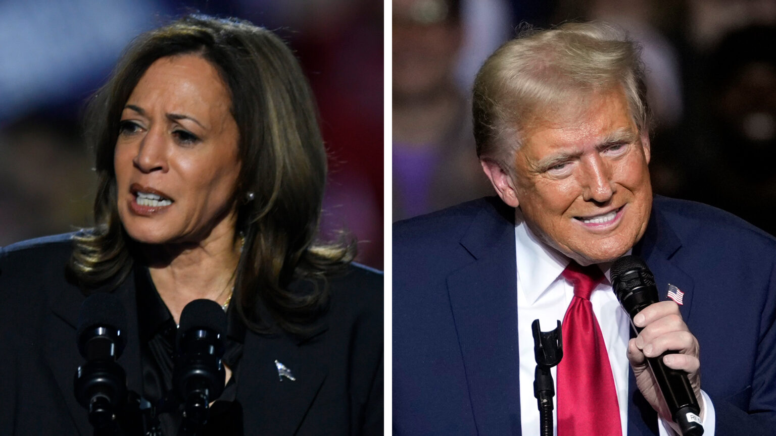 Two side-by-side photos show Kamala Harris and Donald Trump speaking.