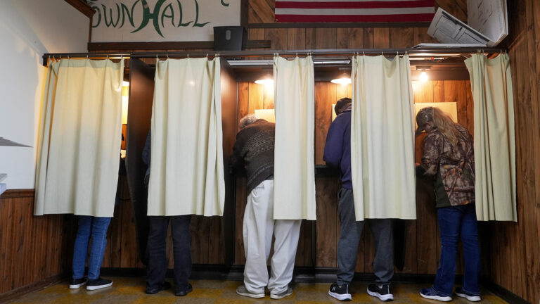 Five voters stand in voting booths with overhead lighting, wood dividers and short curtains attached to a horizontal metal pole, in a room with wood paneling on the walls, a U.S. flag and a sign reading Town Hall.