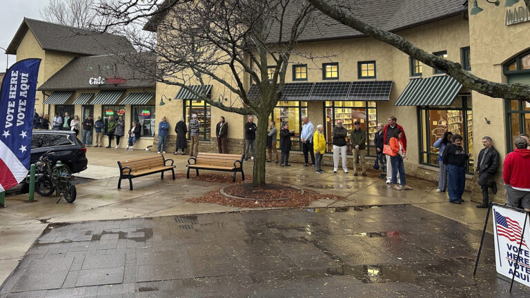 People stand in a line outside of storefronts in a multi-story strip mall with stucco walls, windows with cloth and solar panel gables, and a sloped shingled roof, with a wet paved plaza in the foreground with a leafless tree and two parked benches, with a vertical banner sign on one side with words reading Vote Here and Vote Aquí and a sandwich-board style sign on the other side with a U.S. flags and words reading Vote Here and Vote Aquí.