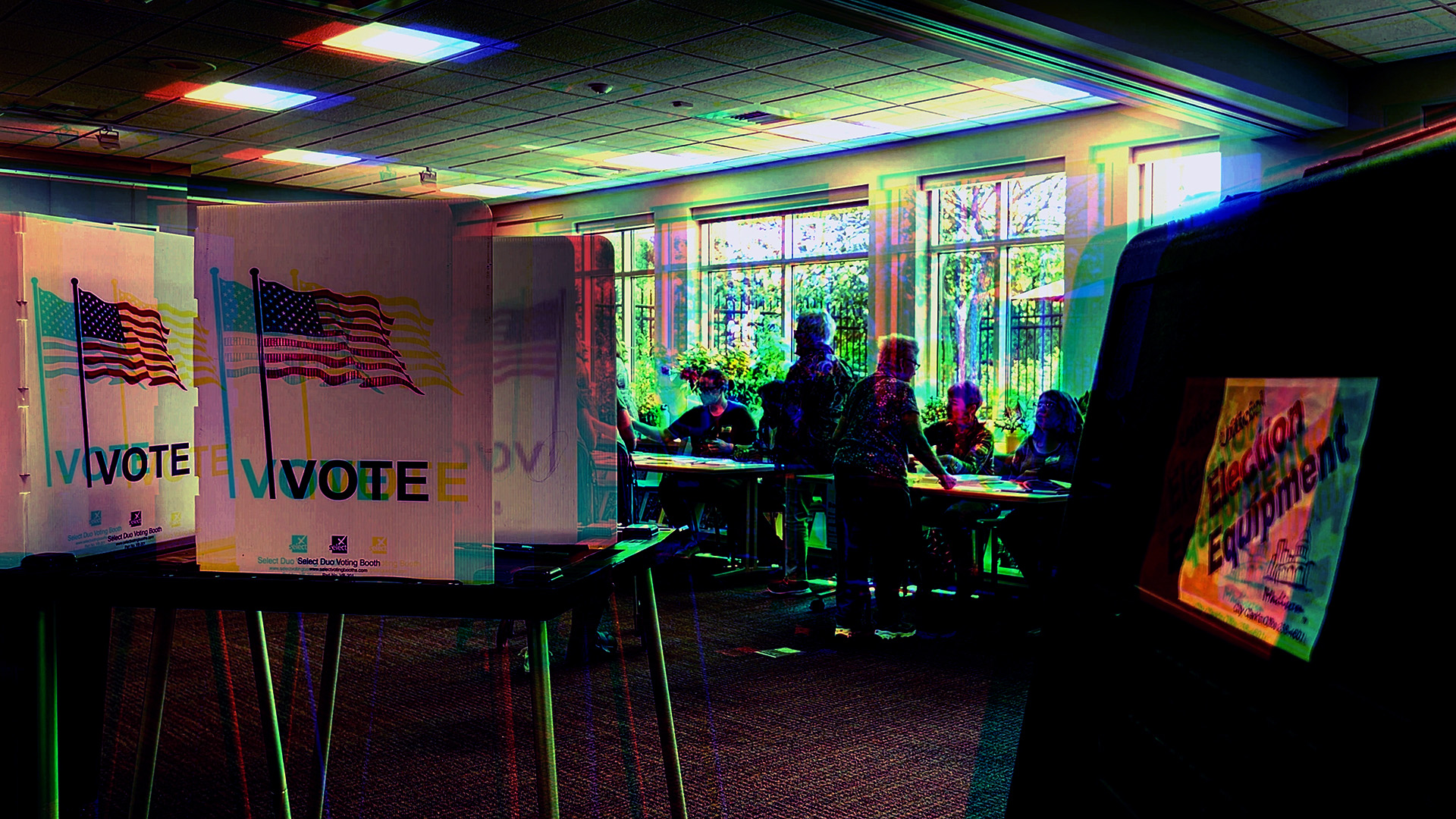 A photo illustration featuring 3-D style dual images in multiple colors shows multiple temporary voting booths with cardboard privacy screens with an image of the U.S. flag and the word VOTE on the side mounted on a plastic table with metal legs in the foreground, with people standing and seated on either side of multiple tables in front of windows in the background, in a room with low-pile carpet and fluorescent lighting.