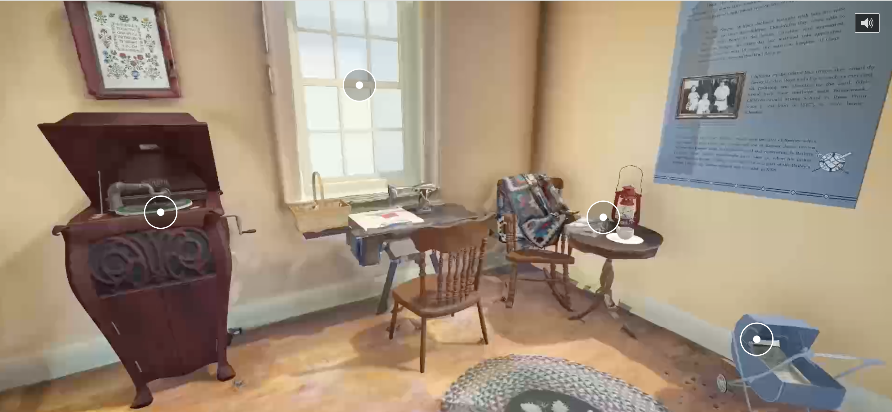 Rendering of living quarters in the Illuminating Cana Island interactive experience, a living room with a Victrola record player on the left below a framed picture with a sewing machine on a desk beside a coffee table and rocking chair in the middle with a baby carriage on the right.