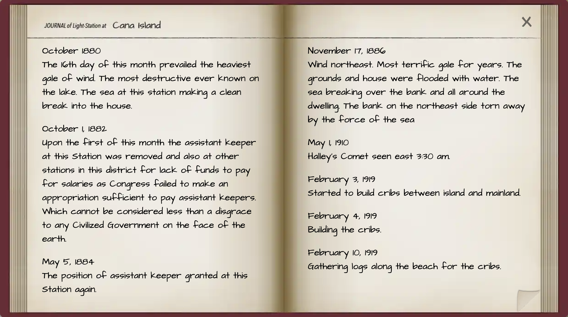 Logbook for lighthouse keeper - Journal of Lightstation at Cana Island - from the Illuminating Cana Island interactive experience.