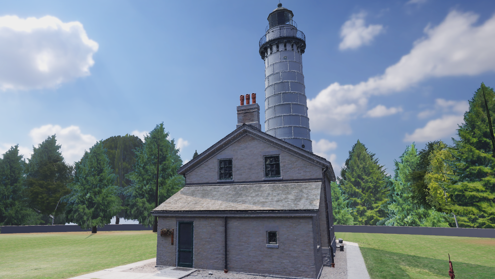 Rendering of the front of the Cana Island Lighthouse surrounded by green grass during the day with blue sky.