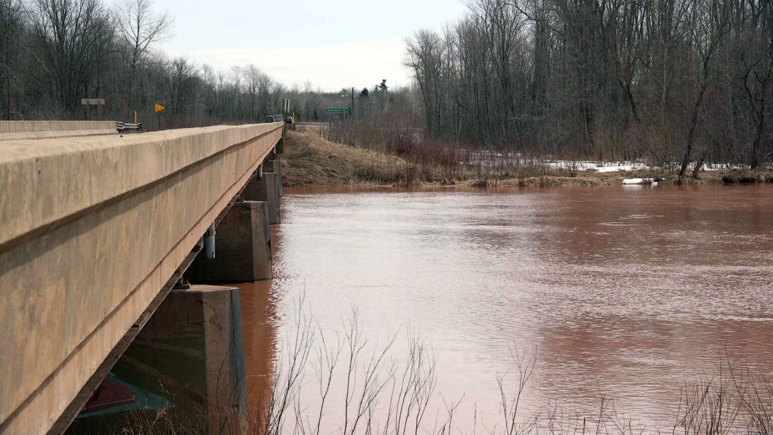 A river tinted with iron-rich soil flows under a bridge with concrete walls and abutments, with leafless trees on the far shore under a partly cloudy sky.