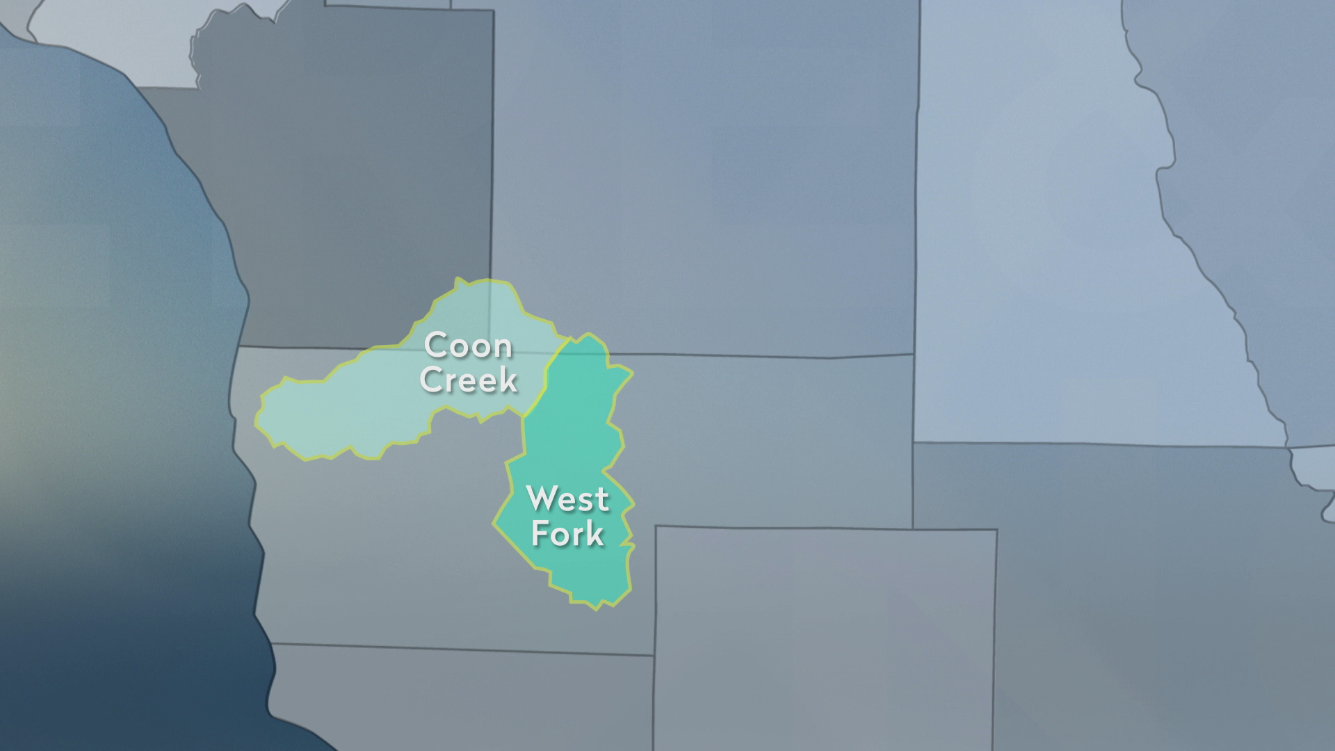 A graphic depicts of Wisconsin counties and two overlapping highlighted irregularly shaped areas with labels that read "Coon Creek" and "West Fork."