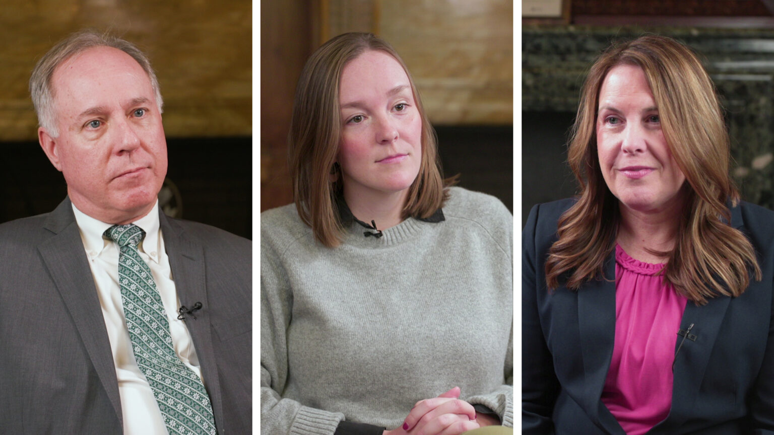 Three side-by-side photos show Robin Vos, Greta Neubauer and Dianne Hesselbein sitting in rooms with out-of-focus backgrounds.