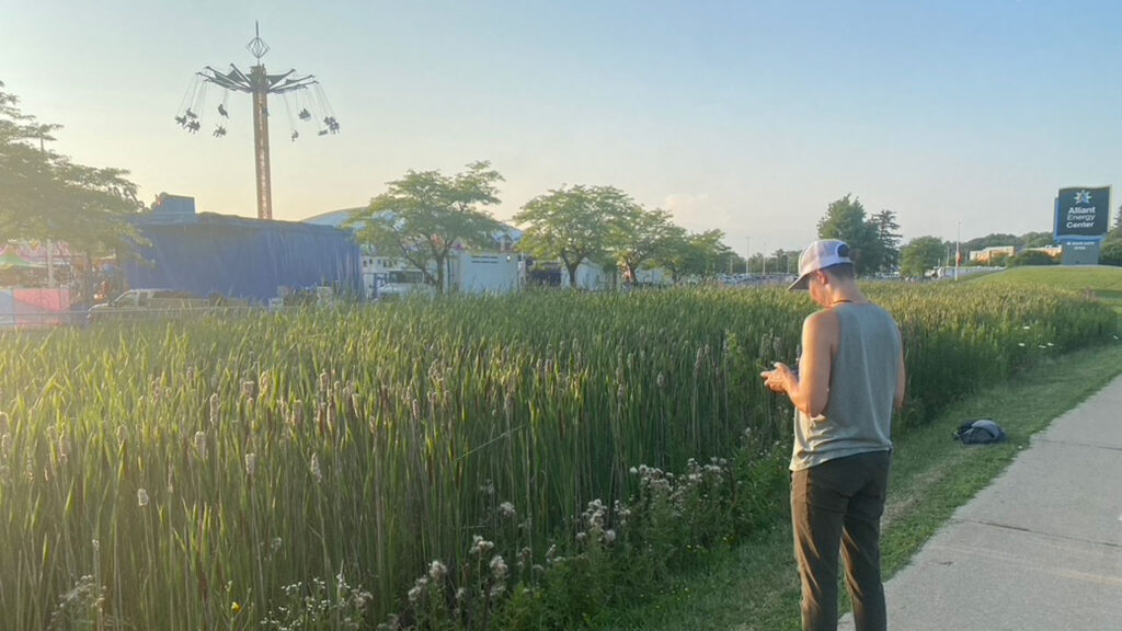 A woman stands near a field outside a county fair with her head down looking at something in her hands.