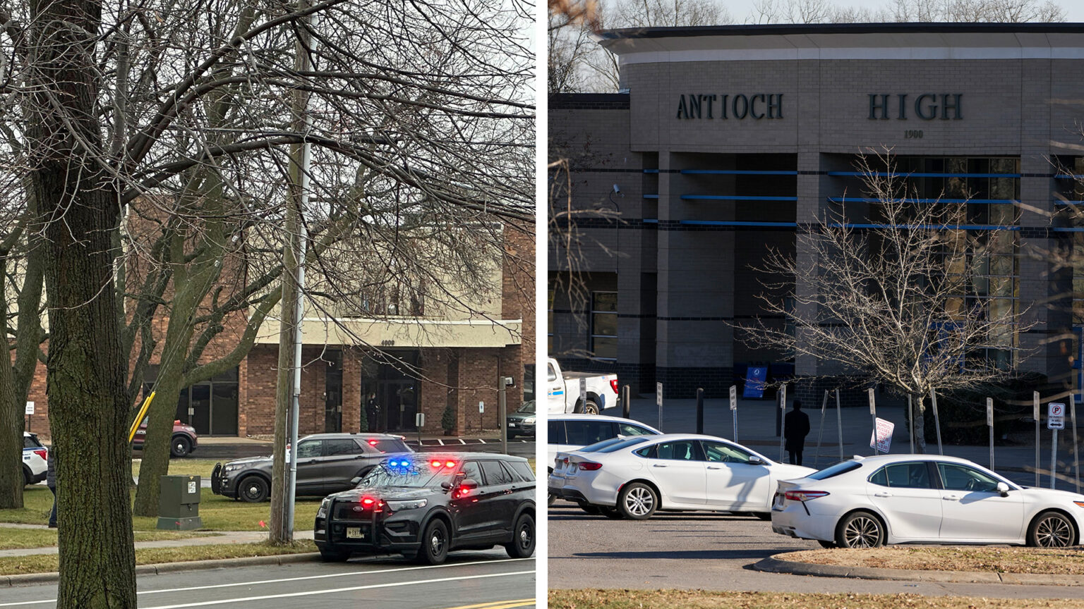 Side-by-side photos show a building on the left with law enforcement vehicles with illuminated siren lights parked on a street and lawn next to trees and a utility pole, and a building on the right with vehicles parked in a lot next to trees and parking signs.