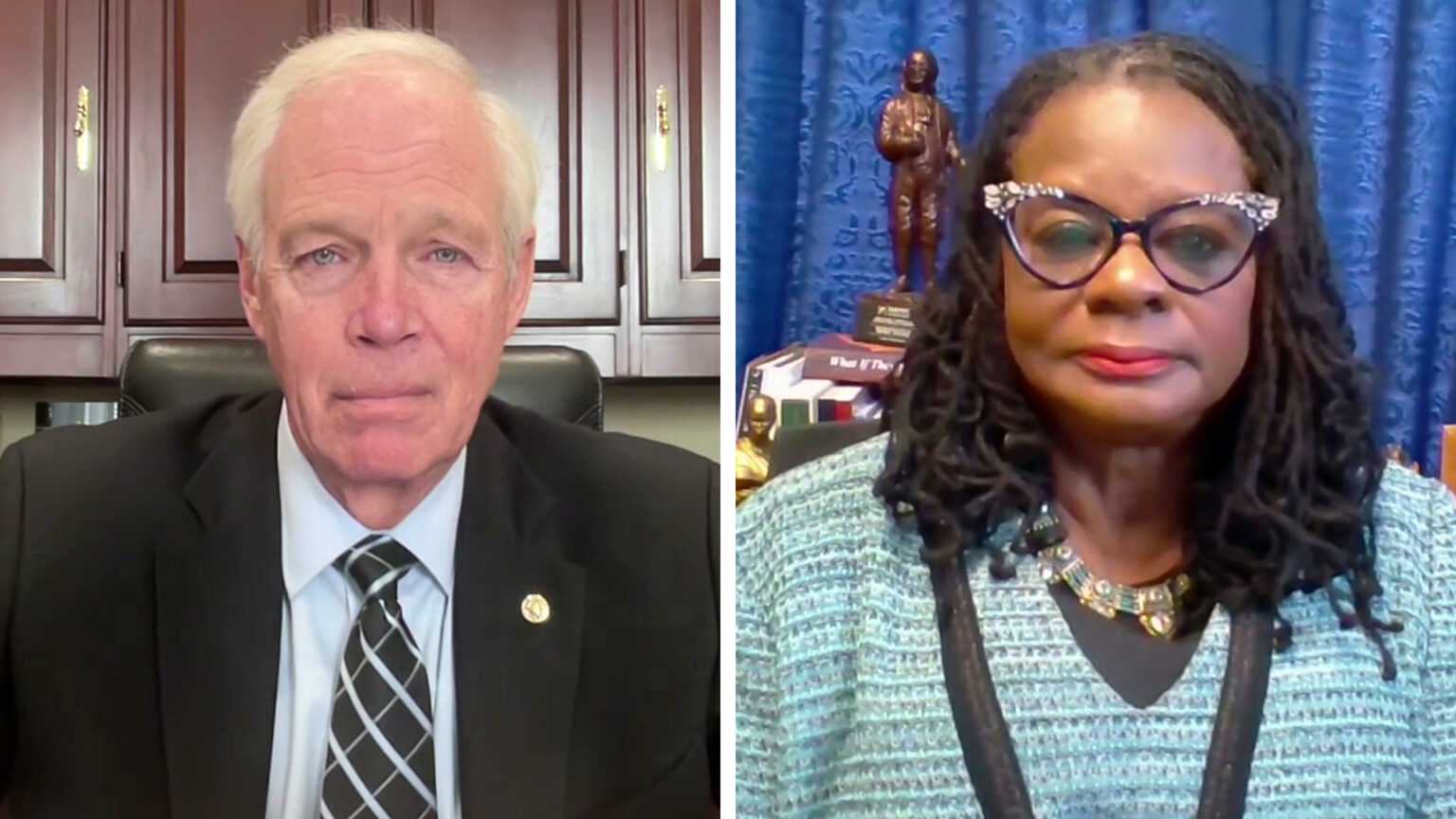 Side-by-side still images from videos show Ron Johnson and Gwen Moore looking at the camera while seated in offices.