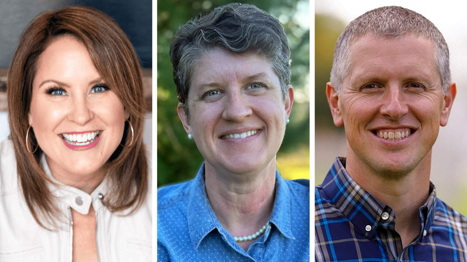 Side-by-side photos show Brittany Kinser, Jill Underly and Jeff Wright posting for portraits.