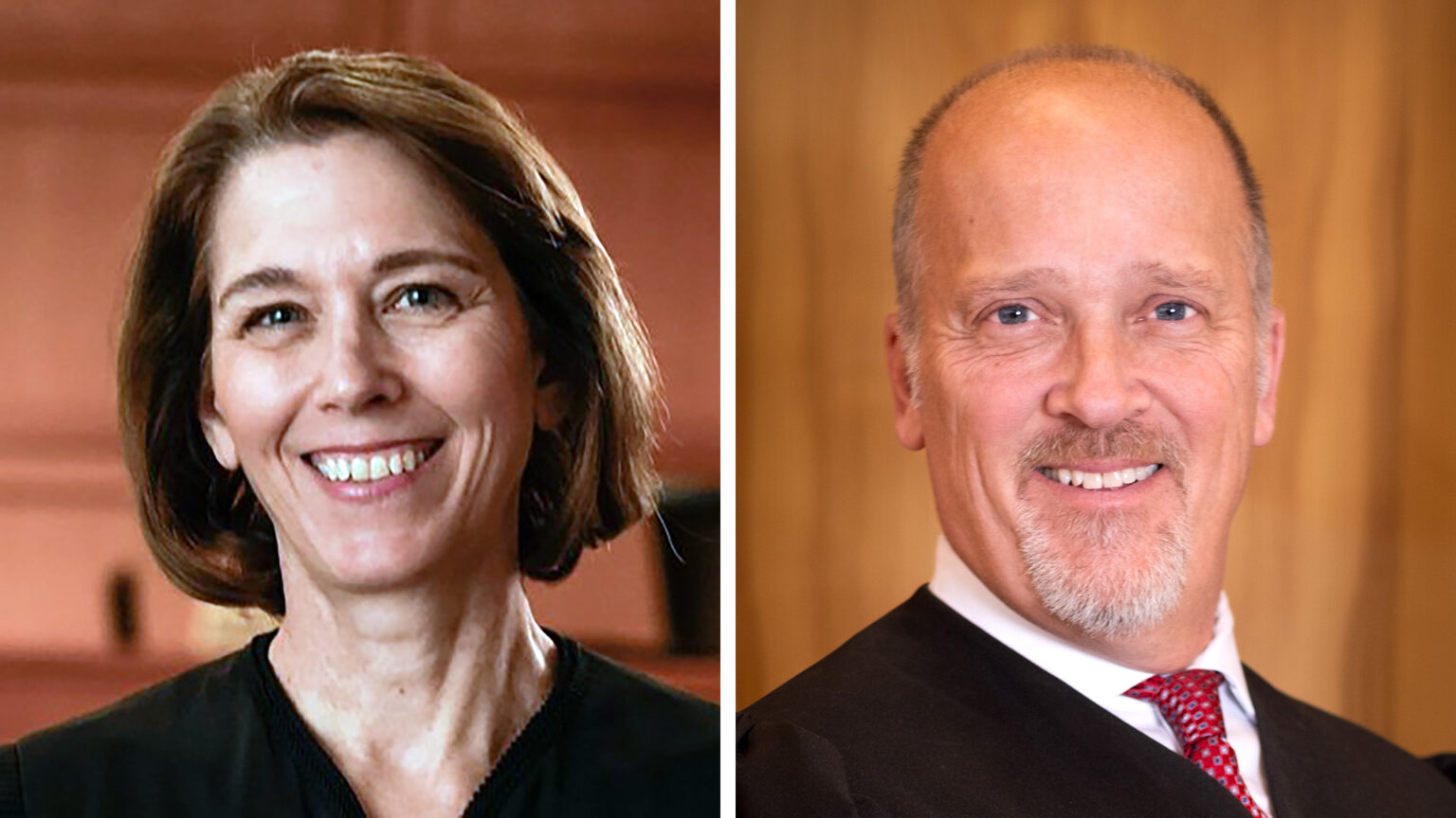 Side-by-side photos show Susan Crawford and Brad Schimel posing for portraits while wearing judicial robes inside courtrooms.