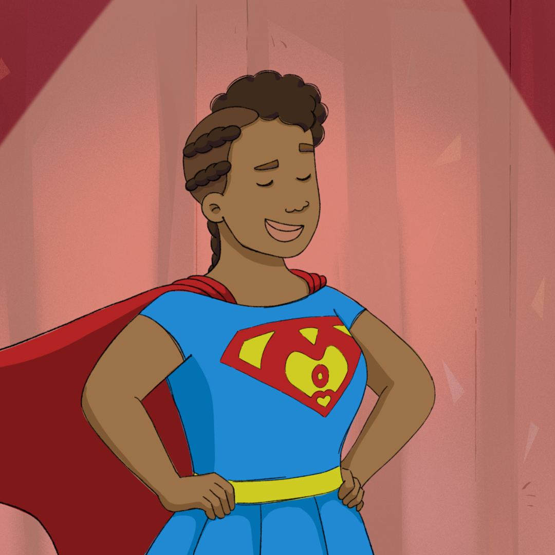 A drawing of a person proudly wearing a super hero costume, showcasing a heroic stance and vibrant colors.