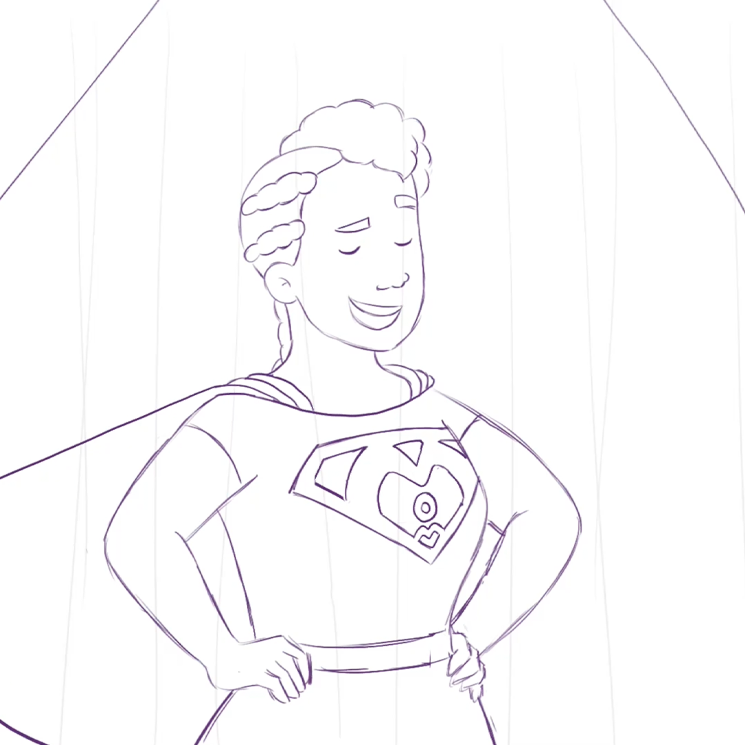 A drawing of a person proudly wearing a super hero costume, showcasing a heroic stance and vibrant colors.