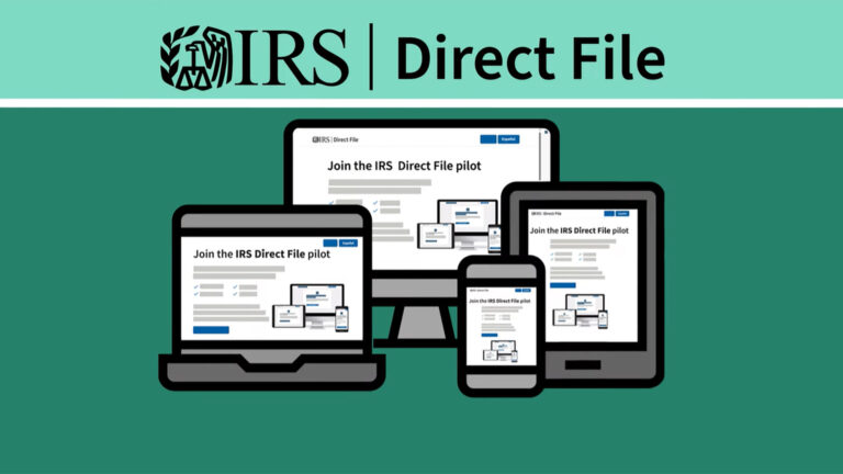 An illustration shows stylized versions of a laptop computer, monitor, smart phone and tablet with graphics on their screens with the words Join the IRS Direct File pilot, with the IRS wordmark at top next to the words Direct File.