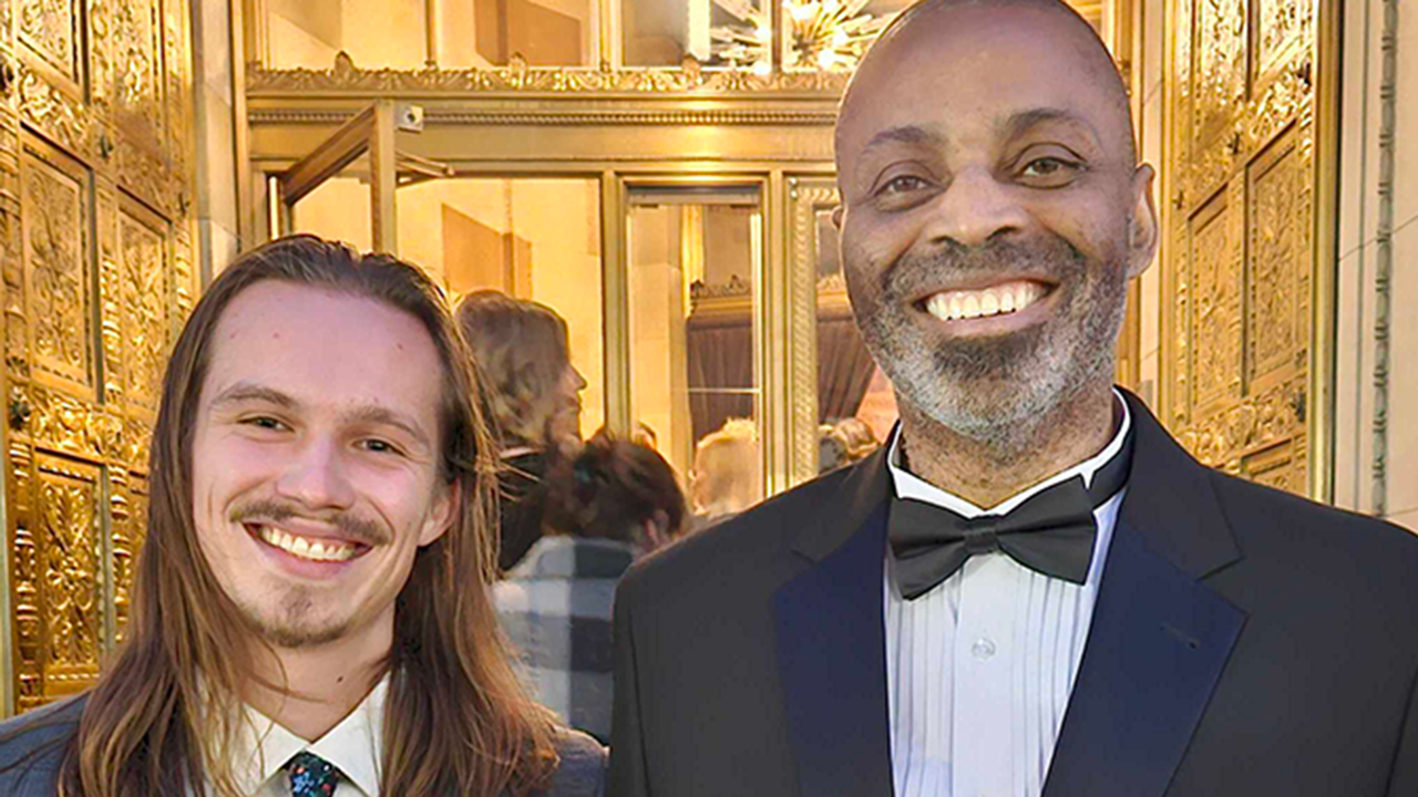 PBS Wisconsin News reporters Nathan Denzin and Murv Seymour pose at the ceremony for the Edward R. Murrow Awards. (Source: PBS Wisconsin)