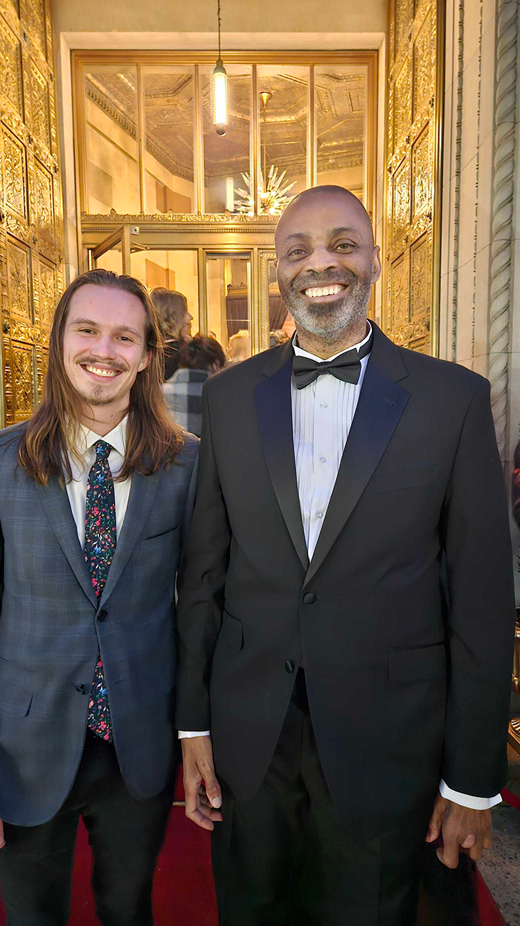 PBS Wisconsin News reporters Nathan Denzin and Murv Seymour pose at the ceremony for the Edward R. Murrow Awards. (Source: PBS Wisconsin)