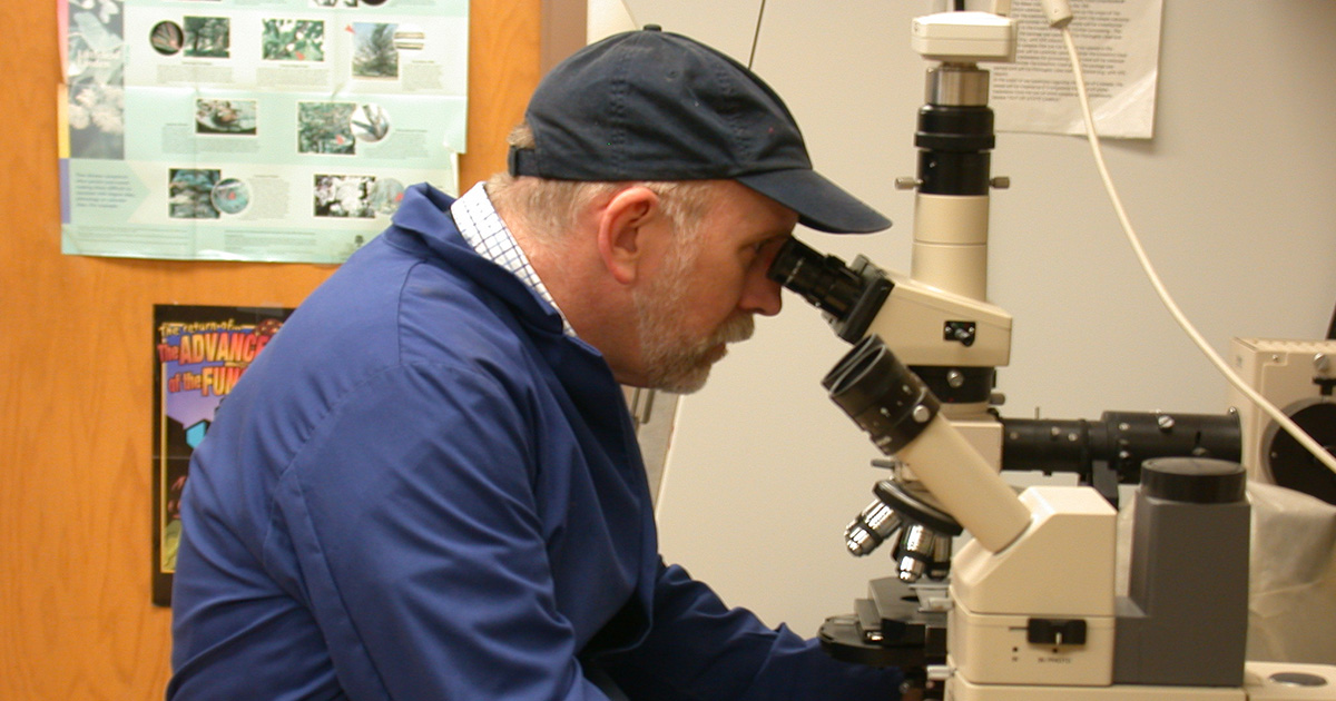 Brian Hudelson examines a specimen through a microscope in a laboratory, dressed in professional clothing with various scientific instruments visible in the background.