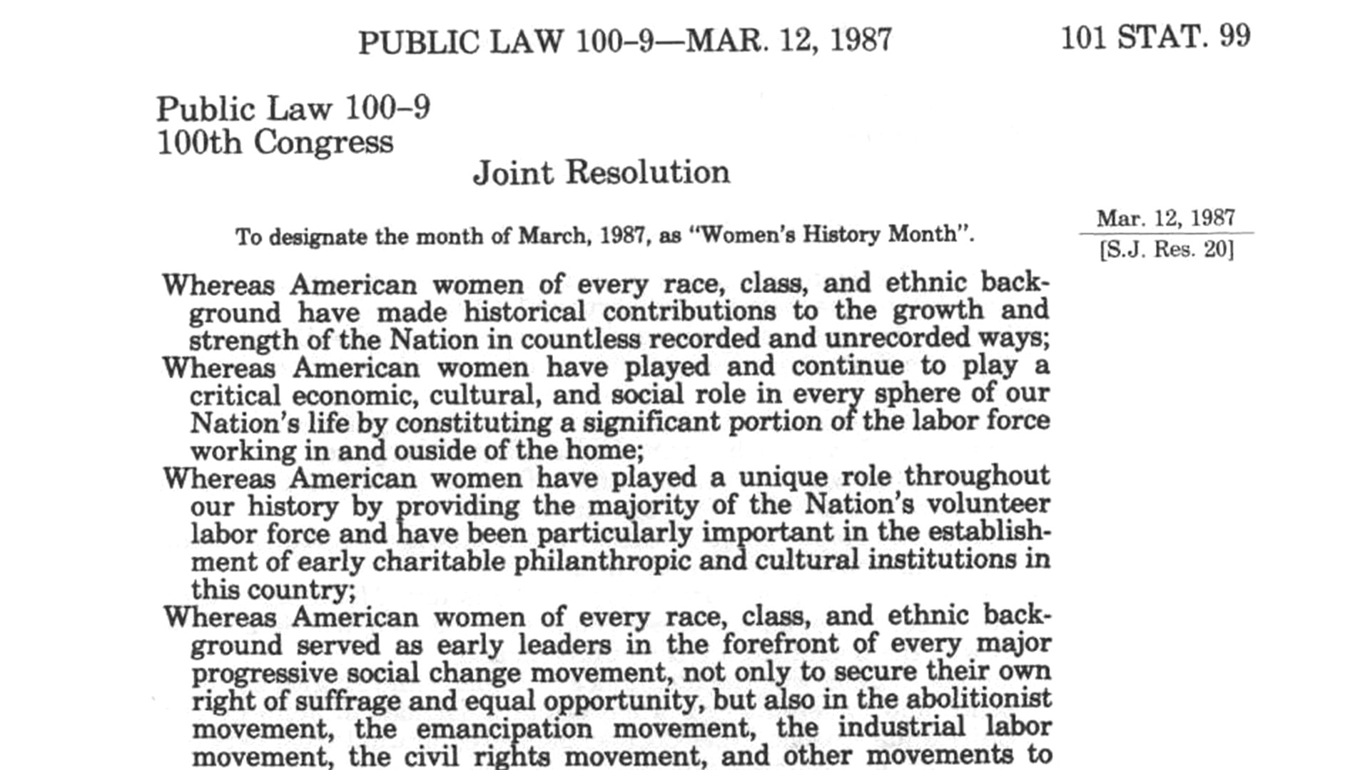 A scanned document of Public Law 100-9, dated March 12, 1987, officially designating March as Women's History Month. The text acknowledges the contributions of American women across race, class, and ethnicity in shaping the nation's economic, cultural, and social history.