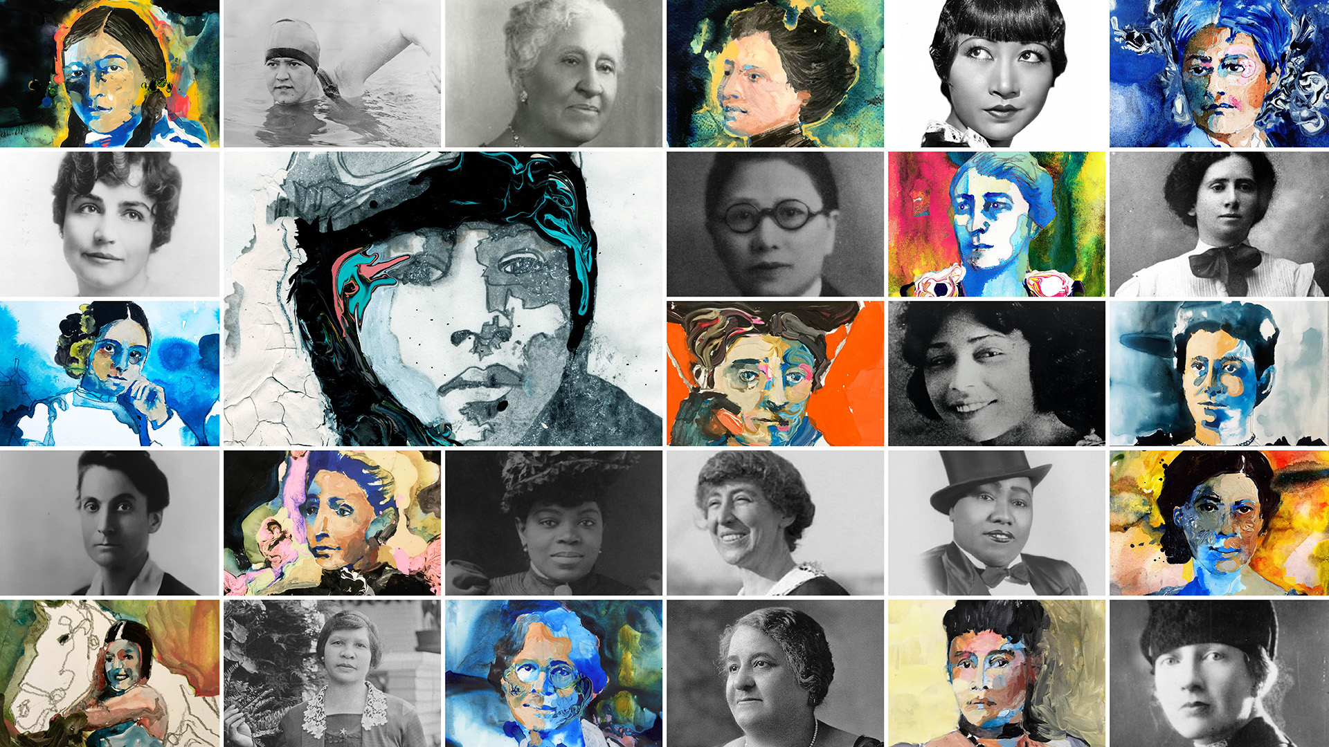 A collage featuring historical portraits of women, blending black-and-white photographs with colorful, expressive watercolor paintings. Some images are realistic, while others are artistically reimagined with abstract brushstrokes.