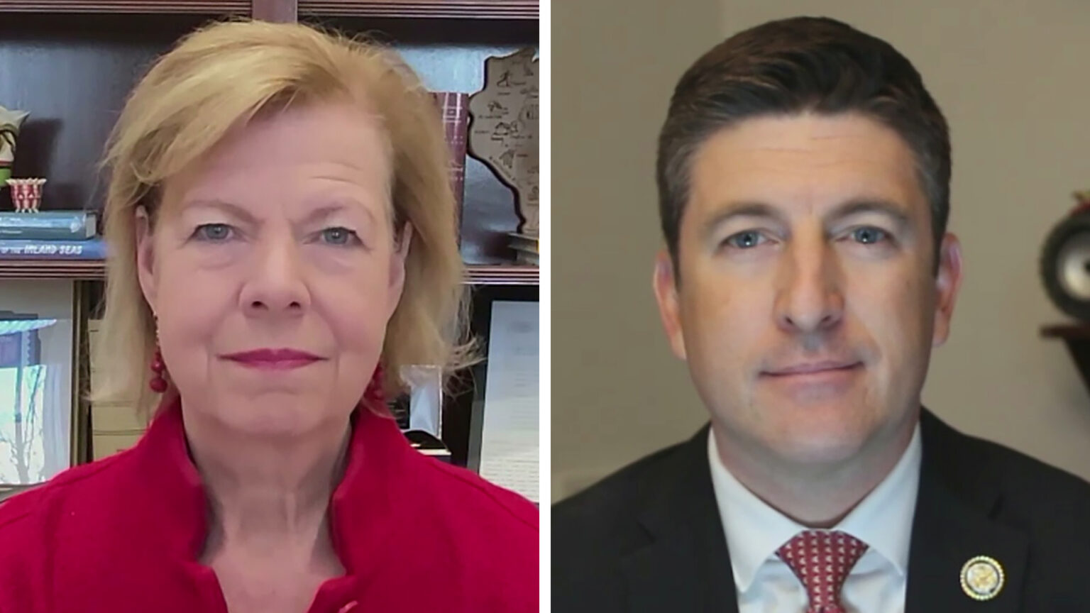 Side-by-side still images from video show Tammy Baldwin and Bryan Steil seated in rooms with objects on shelves behind them.