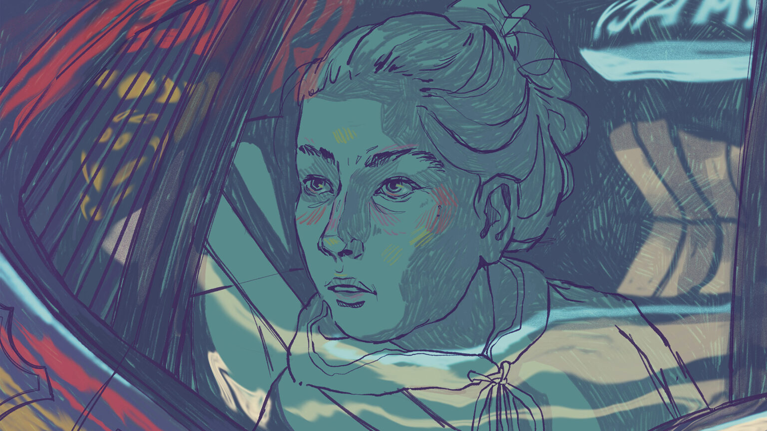 A hand-drawn illustration shows a person looking out the window of a vehicle, with lighted signage reflecting on its exterior surfaces.