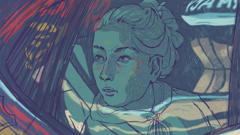 A hand-drawn illustration shows a person looking out the window of a vehicle, with lighted signage reflecting on its exterior surfaces.