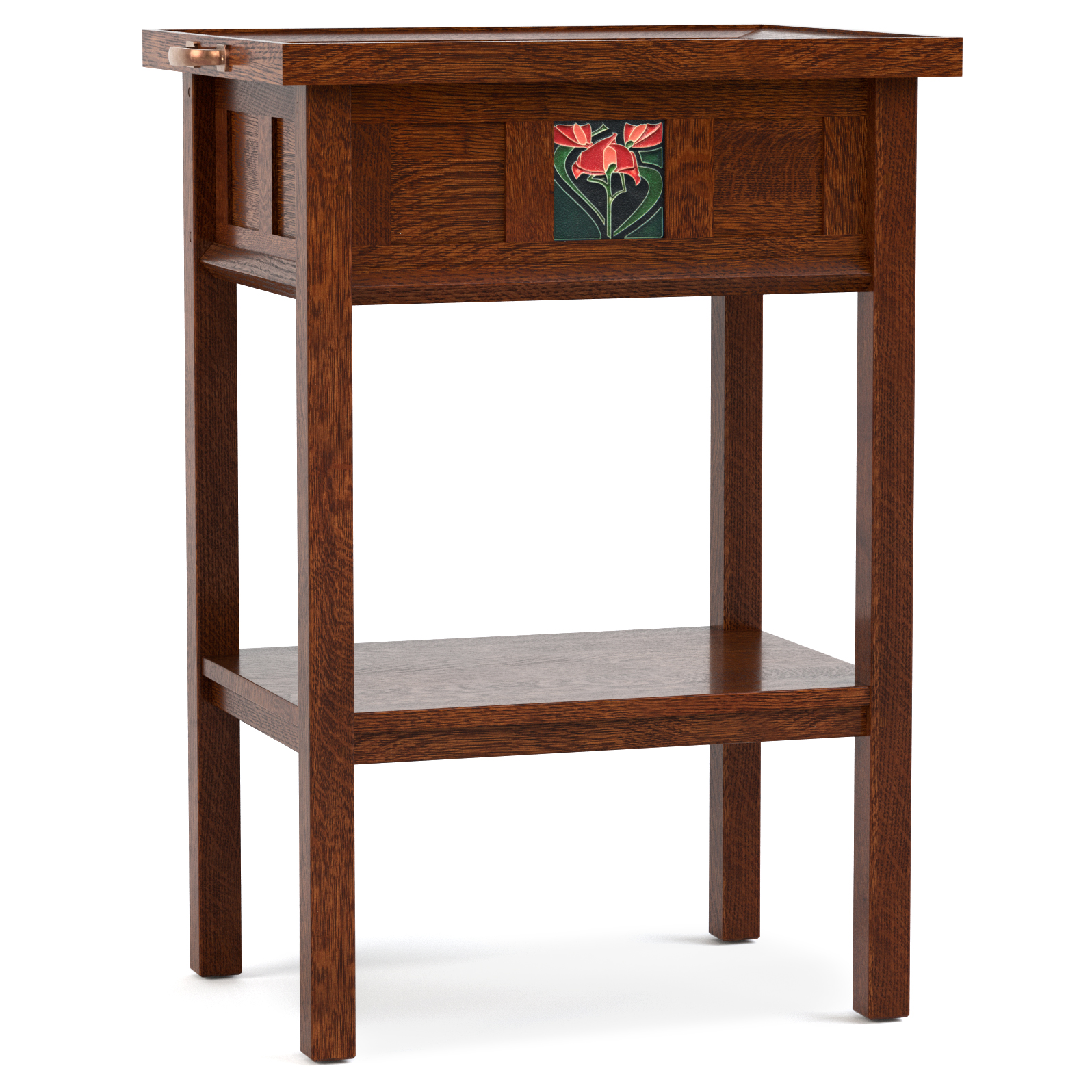 An antique wooden side table, a 125th anniversary Stickley Collector floral tile tray table from Woodworks Furniture and Design, featuring an intricate floral design, showcasing craftsmanship and vintage elegance.