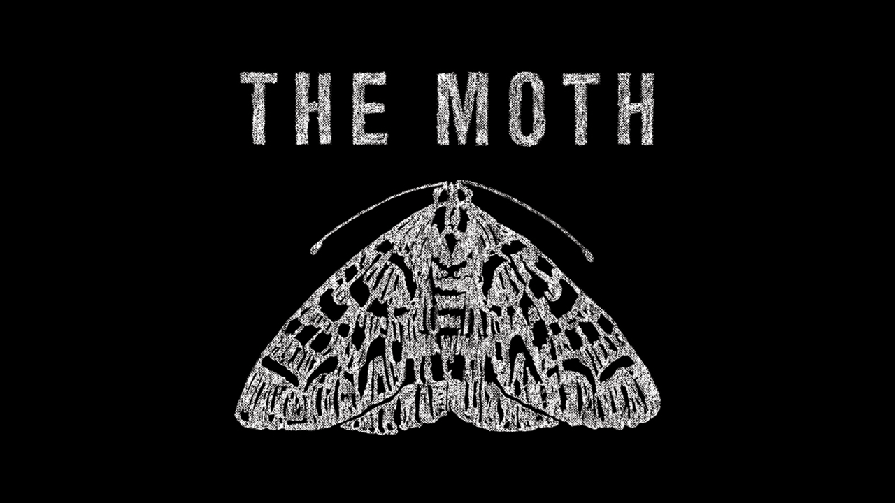White sketch-style illustration of a moth with detailed wings on a black background, with the words “THE MOTH” in bold, textured uppercase letters above it.