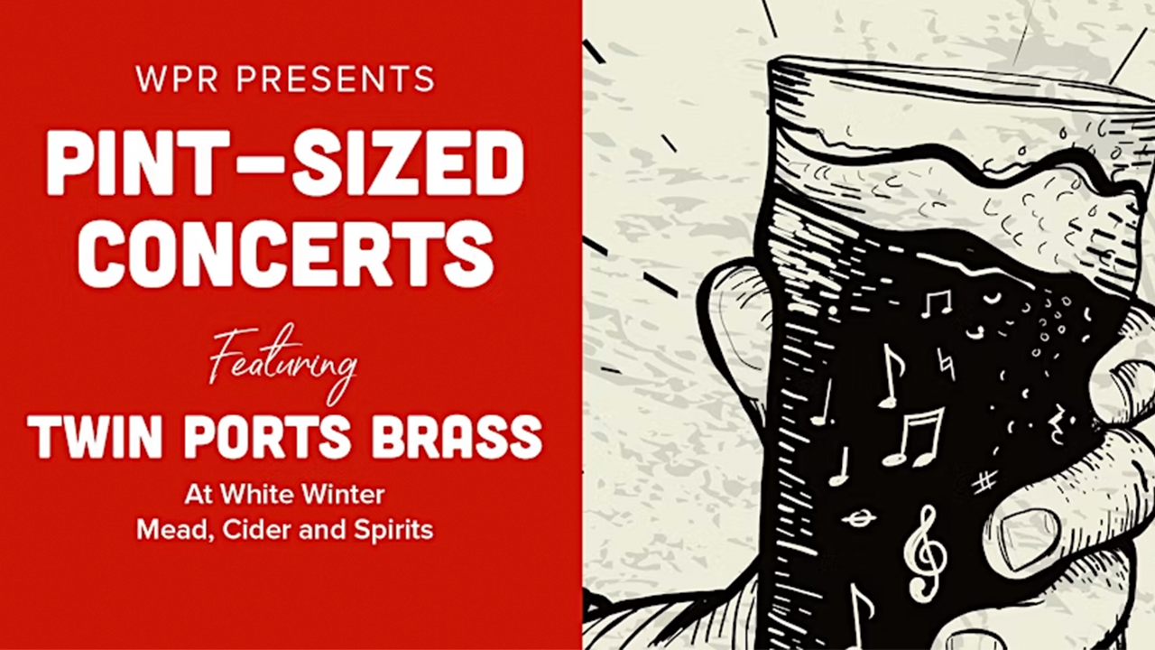 Promotional graphic for “Pint-Sized Concerts” featuring Twin Ports Brass, with a hand-drawn pint glass filled with musical notes.