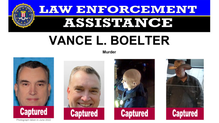 A wanted-style poster with the logo of the FBI and the words Law Enforcement Assistance shows the name Vance L. Boelter and the crime of Murder above four photographs, each with the word Captured superimposed over their bottom margin.
