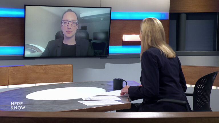 Frederica Freyberg sits at a desk on the Here & Now set and faces a video monitor showing an image of Anya Van Wagtendonk.