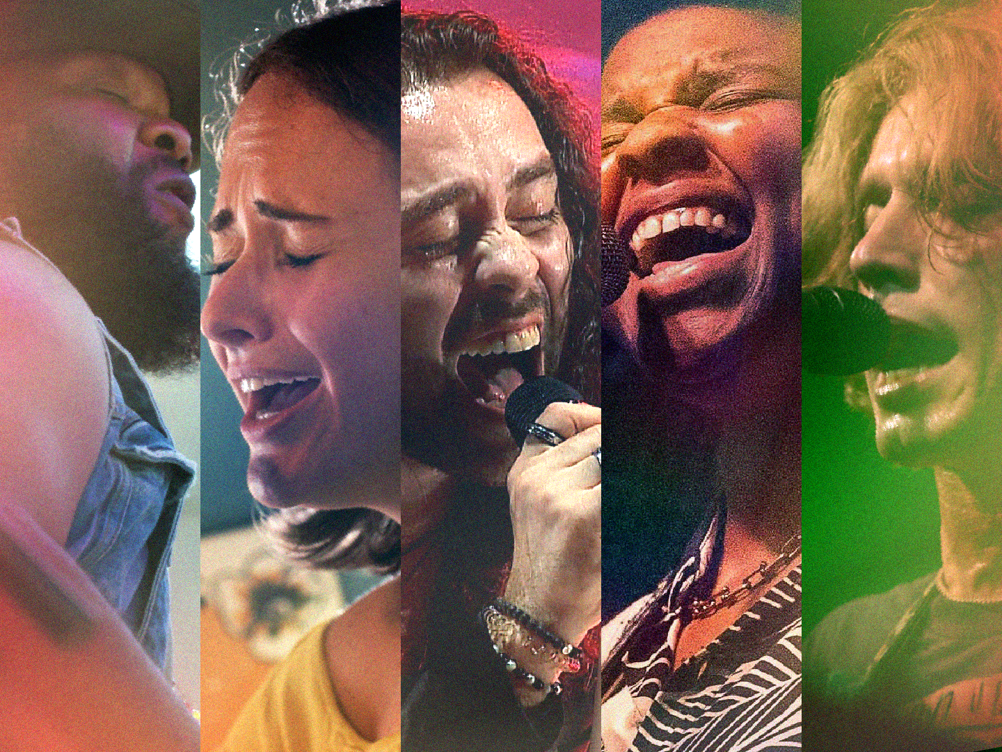 Five split-screen close-ups of diverse singers, each emotively performing into a microphone under colorful stage lighting.