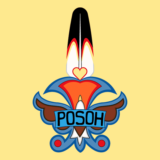 Alex Gokey Menore - Woodland Floral Artist - Powwow Bound Stylized graphic logo with a rocket, feather, and heart shape, featuring the word "POSOH" in bold blue letters.