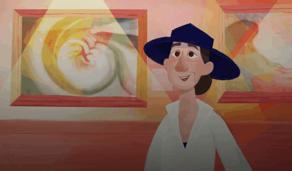 Illustration of Georgia O'Keeffe in an art museum