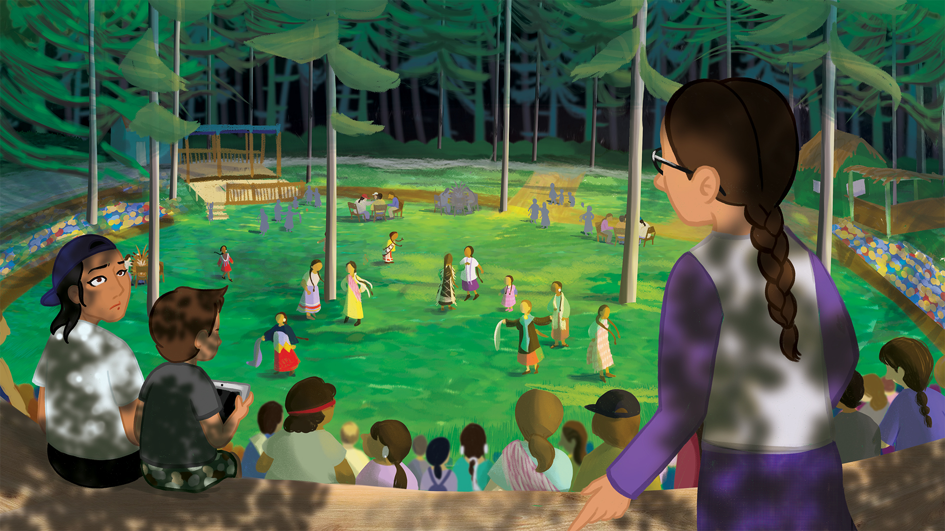 Several people of various ages and backgrounds gathered at the Woodland Bowl in Keshena, Wisconsin, focused on activities, displaying enthusiasm and anticipation.