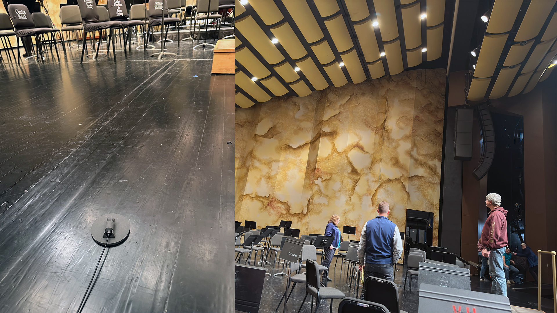 A large auditorium at the Viterbo University Fine Arts Center showcasing numerous chairs and a grand piano during set up for an upcoming concert recorded for broadcast by PBS Wisconsin, "Midnight in Paris" performed by the LaCrosse Symphony Orchestra.