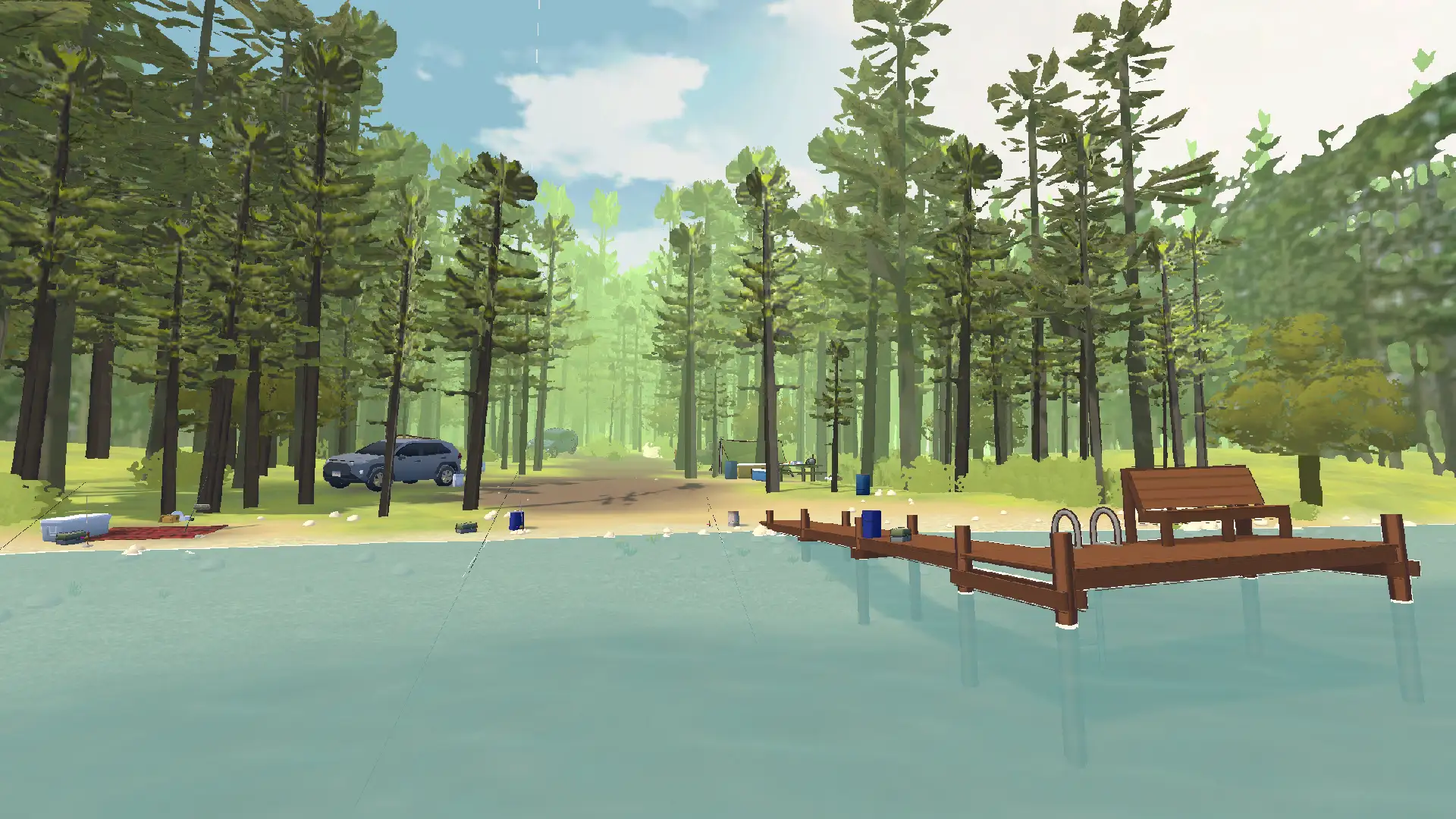 A serene lakeside scene with a wooden dock, surrounded by a lush forest. A parked car and picnic items are visible, suggesting a tranquil retreat.
