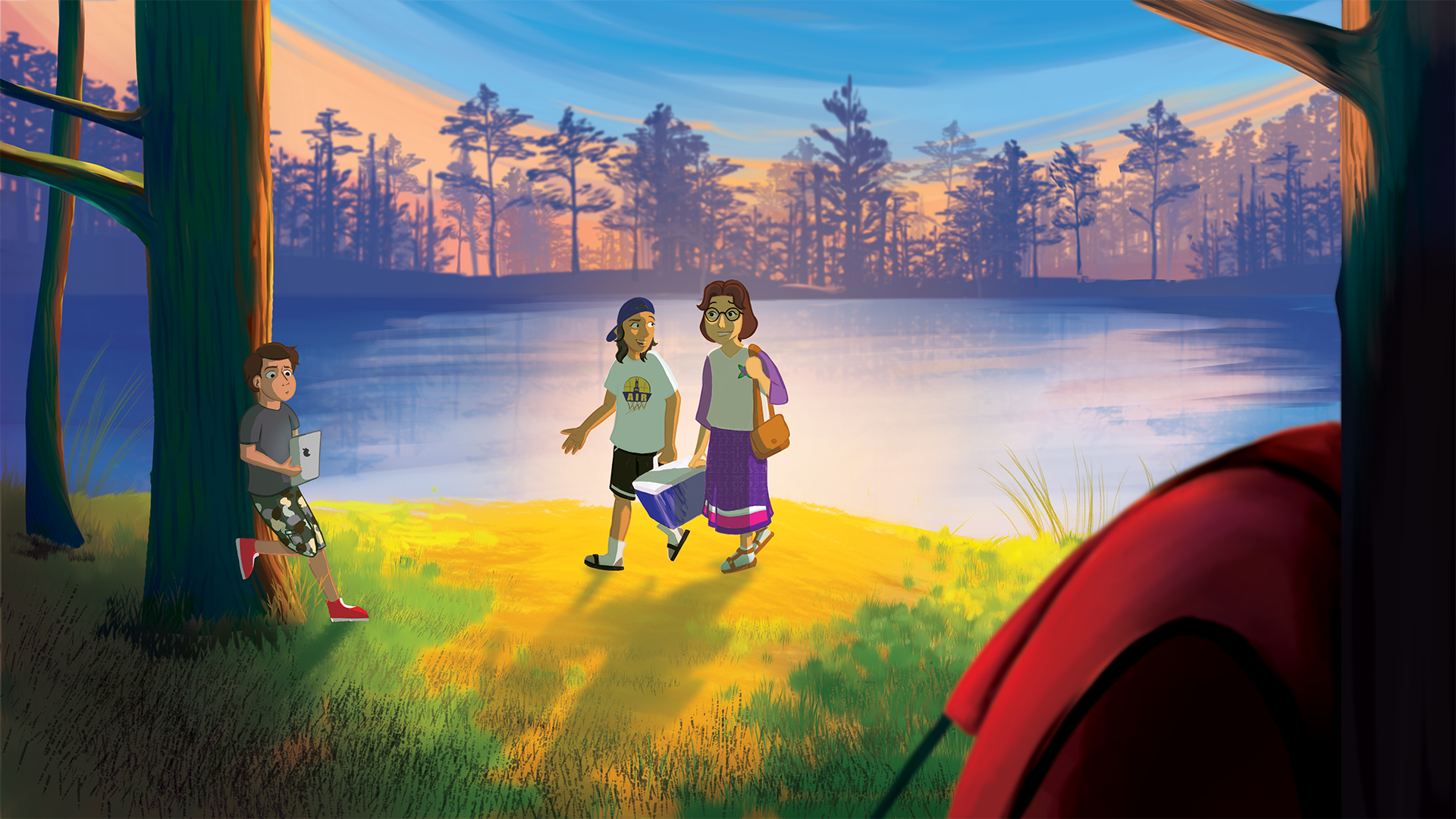 An illustration depicting a family strolling along a serene lake, surrounded by lush greenery and a clear blue sky.
