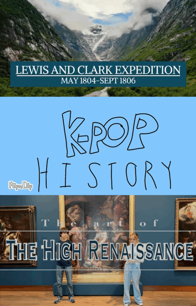 Three screenshots from student-created documentaries, showing topics including K-Pop history and the expedition of Lewis and Clarke.