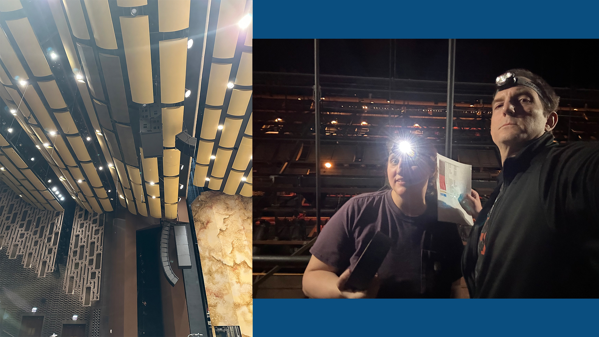A selfie of broadcast audio engineer Andrew LaValley and project manager Samantha Nash posing together while setting up to record for the broadcast of the La Crosse Symphony Orchestra's performance of "Midnight in Paris."